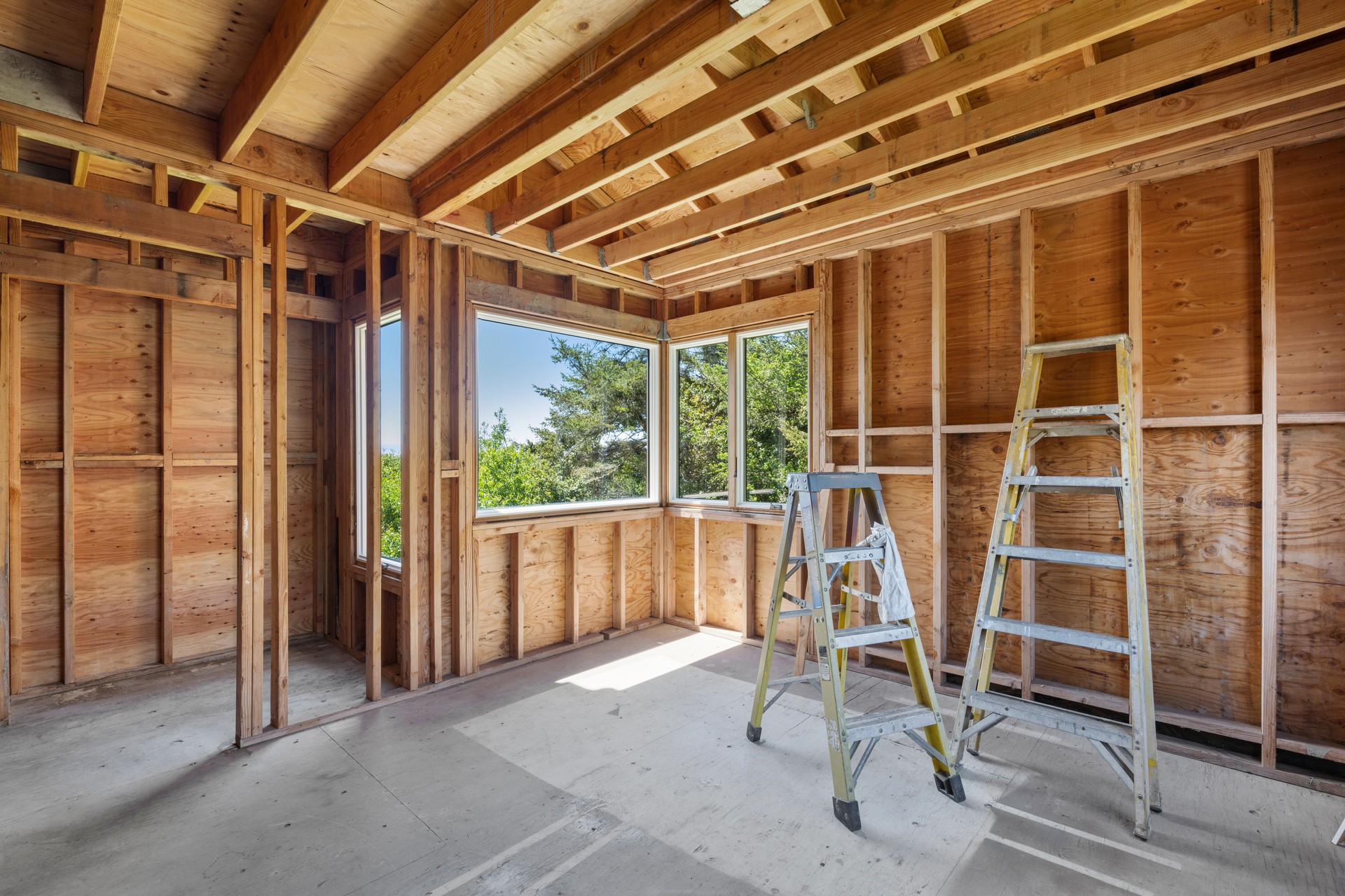 Home interior with wood framing under construction